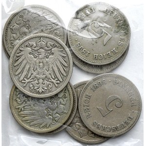 Drobné mince císařství po r. 1871. 5 pf. 1898 A, D, E, F, 1899 A, D, E, F, J