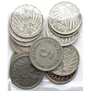 Drobné mince císařství po r. 1871. 5 pf. 1900 A, D, E, F, G 2x, J, 1901 A, D, E, F, G, J. 1x vada materiálu