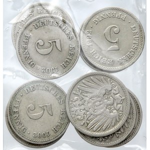 Drobné mince císařství po r. 1871. 5 pf. 1902 A, D, E, F, G, J, 1903 A, D, E