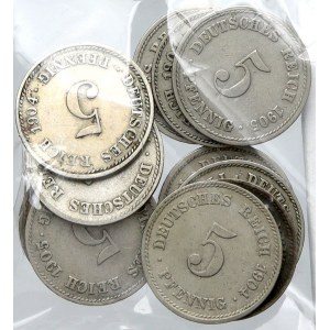 Drobné mince císařství po r. 1871. 5 pf. 1904 A, D, E, F, J, 1905 A, D, E, F, G, J