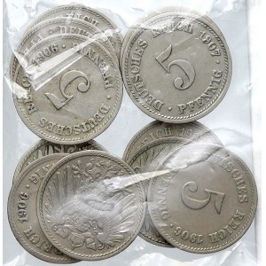 Drobné mince císařství po r. 1871. 5 pf. 1906 A, D, E, F, G, J, 1907 A, D, E, F, J