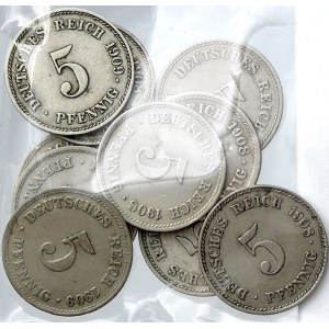 Drobné mince císařství po r. 1871. 5 pf. 1908 A, D, E, F, G, J, 1909 A, D, E, J