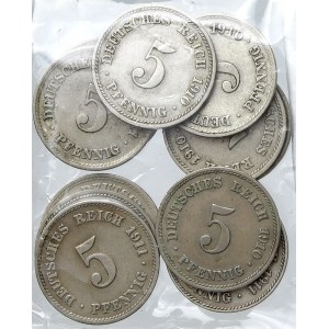 Drobné mince císařství po r. 1871. 5 pf. 1910 A, D, E, F, G, 1911 A, D, E, F, G, J