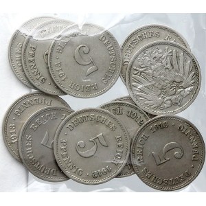 Drobné mince císařství po r. 1871. 5 pf. 1912 A, D, E, F, G, J, 1913 A, D, E, F, G