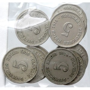 Drobné mince císařství po r. 1871. 5 pf. 1914 A, D, E, F, G, J, 1915 D, E, F, G, J