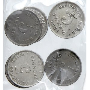 Drobné mince císařství po r. 1871. 5 pf. Fe 1921 A, D 2x, E, 1922 D, E