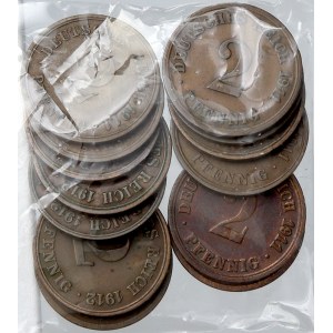 Drobné mince císařství po r. 1871. 2 pf. 1911 A 2x, D, E, F, G, J, 1912 A, D, E, F, G, J