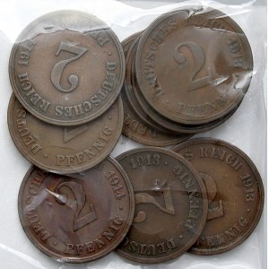 Drobné mince císařství po r. 1871. 2 pf. 1913 A, D, G, F, J, 1914 A, E, G, J