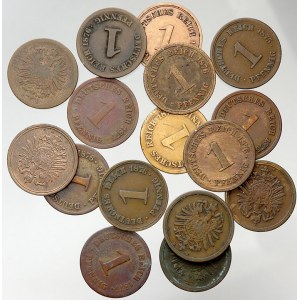 Drobné mince císařství po r. 1871. 1 pf. 1874 A, 1875 A 2x, B 2x, C, D, E 2x, 1876 A, E 2x, D, F, G 2x