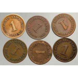 Drobné mince císařství po r. 1871. 1 pf. 1888 A, D, E, 1889 A, 1890 A, E