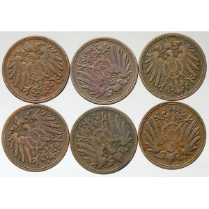Drobné mince císařství po r. 1871. 1 pf. 1891 A, 1892 A, E 2x, F 2x 