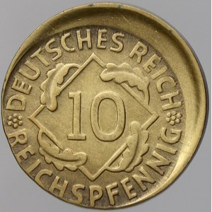 Výmarská republika. 10 Rpf. 1925 D, výrobní vada – excentrická ražba