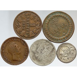 Německo – konvoluty. Konvolut 5 stříbrných a měděných mincí staroněmeckých států
