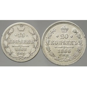 Rusko, Alexandr II. (1855-81). 20 kop. 1866 CПБ-НФ, 15 kop. 1862 CПБ-MH. Y-22.2, 20.2