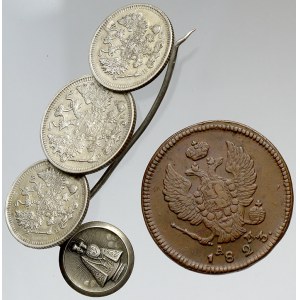 Konvoluty. Konvolut 2 kop. 1823 + brož z drobných stříbrných mincí Mikuláše II.