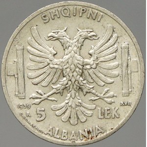 Albánie. Italská okupace. 5 lek 1939. KM-33