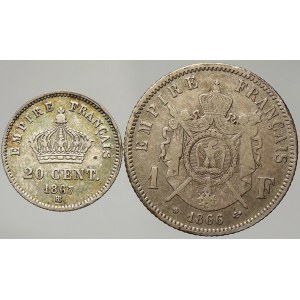 Francie. Napoleon III. (1852-70). 1 Fr. 1866 BB (2/2), 20 cent. 1867 BB (0/0). KM-806, 808