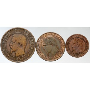 Francie. 10 centime 1854 A, 5 centesimes 1863 A, 2 centesimes 1862 K