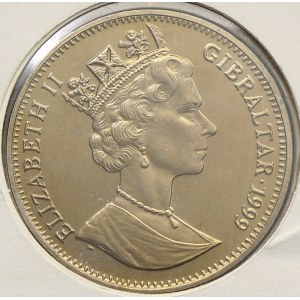 Gibraltar. 1 crown 1999 královna matka, baleno v „mincovním dopise“ s 4 známkami, číslováno (č. 2913). KM-837