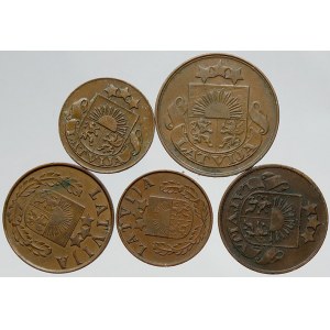 Lotyšsko. 5, 2 a 1 cent z let 1922-1939. Mimo jiné 1 cent 1939 ( R )
