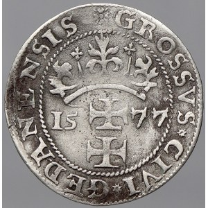 Polsko. Gdaňsk v obležení (1577). Groš 1577. Kop.-7388 var. bez kavky nad hlavou, menší hlava