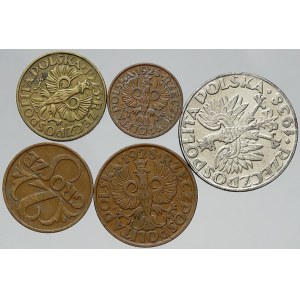 Polsko, rep. 50 groš 1938 niklovaný, 5 groš 1928, 2 groš 1923, 1932, 1 groš 1925