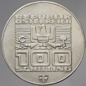 Rakousko, republika. 100 schilling Ag 1976 Olympiáda lyžař, na reverzu znak