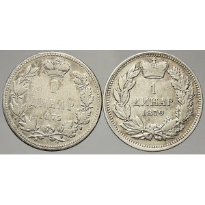 Srbsko. Milan Obrenovič (1868-82). 1 dinar 1875, 1879. KM-5, KM-10