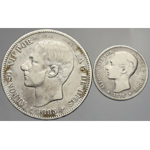 Španělsko. Alfons XII. (1870-85). 5 peseta 1885, 1 peseta 1876