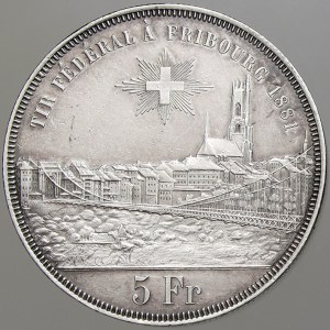Švýcarsko. 5 frank 1881 střelecký – Fribourg. KM-X-S15. vlas. rysky, zcela n. hr.