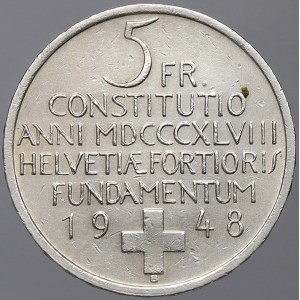 Švýcarsko. 5 frank 1848 B ústava. KM-48. n. škr.