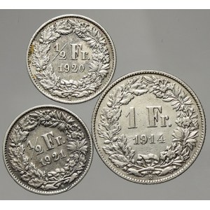 Švýcarsko. 1 frank 1914, ½ frank 1920, 1921. KM-24, 23