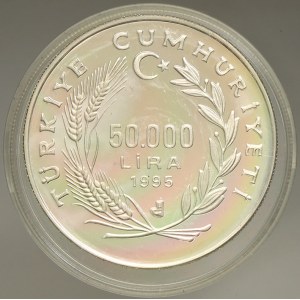 Turecko. 50000 lir 1995 OH – zápas (1 OZ Ag), plexi pouzdro (raž. 12.476 ks). KM-1045