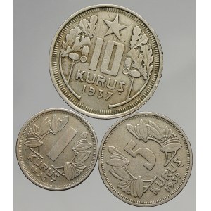 Turecko. 10 kurush 1937, 5 kurus 1939, 1 kurush 1936. KM-863, 862, 861
