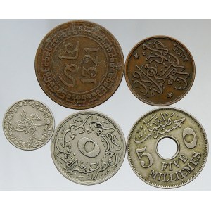 Egypt. Konvolut 4 mincí z přelomu 19. a 20. století a marocká pětimazuna