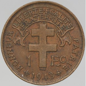Francouzská rovníková Afrika. 1 frank 1943. var. opisu LIBRE. KM-2a