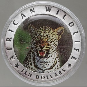 Libérie. 10 dollar 2002 série „African Wildlife“ - hlava levharta, kolorováno, plexi pouzdro. KM-nové