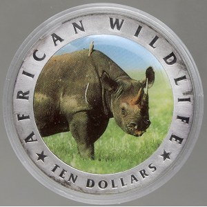 Libérie. 10 dollar 2002 série „African Wildlife“ - nosorožec, kolorováno, plexi pouzdro. KM-nové