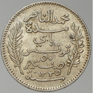Tunisko. Mohammad V. al Nasir (1906-22). 50 centimes AH 1335/1916. KM-237