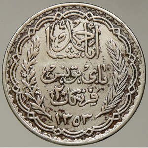 Tunisko. Ahmad II. ibn Ali (1929-42). 20 frank AH 1353 (1934). KM-263. čištěná patina