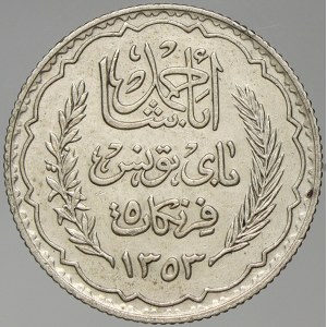 Tunisko. 5 frank AH 1353/1934. KM-261
