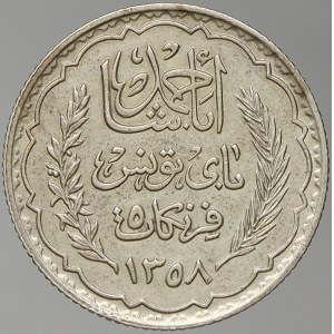 Tunisko. 5 frank AH 1358/1939. KM-264