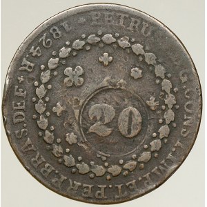 Brazílie. 20 reis b.l. (1835) – kontramarka na minci 40 reis 1824 R. KM-436.1. dr. hr.