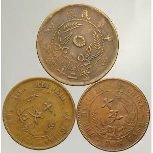 Čína, republika (1912-49). 10 cash 1920 společná vydání (2x). 20 cash cca 1920, blíže neurč.