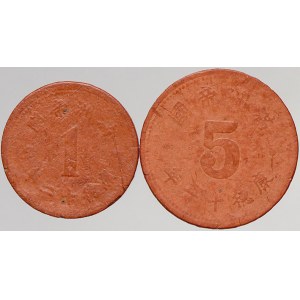 Čína - Japonská okupace. Mandžusko. 5 cent 1944, 1 cent 1945. červený plast.