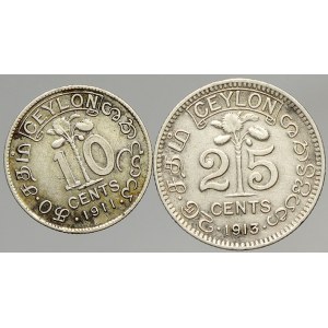 Sri Lanka (Ceylon). 25 cent 1913. 10 cent 1911. KM-104, 102