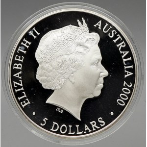 Austrálie. 5 dollar 2000 OH Sydney (1 OZ Ag) – ptáci, plexi pouzdro, orig. etue, čísl. certifikát. KM-816