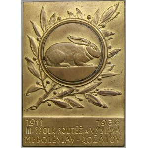 Mladá Boleslav. III. Spolk. soutěž a výstava (králíků) 1911 – 1936. Jednostr. bronz zlac. 60 x 42 mm
