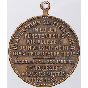 evropské medaile. Německo – Sasko. 800 let domu Wettinů 1089 – 1889. Bronz 28,5 mm, pův. ouško. n. hr.