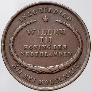 evropské medaile. Nizozemí. Korunovační žeton Viléma III. 1849. Měď 23 mm